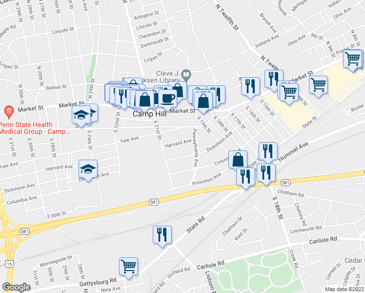 map of restaurants, bars, coffee shops, grocery stores, and more near 2007 Harvard Ave in Camp Hill