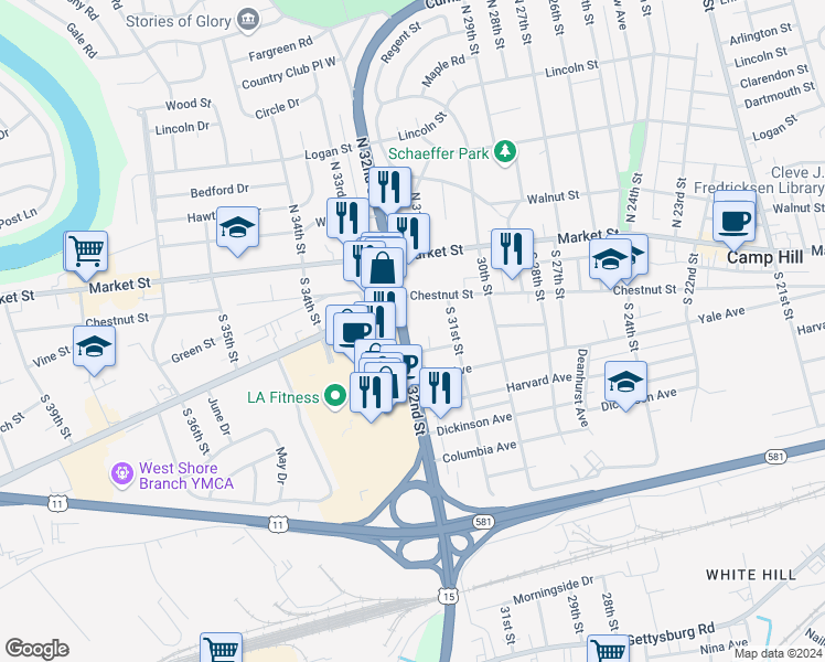 map of restaurants, bars, coffee shops, grocery stores, and more near 135 South 32nd Street in Camp Hill