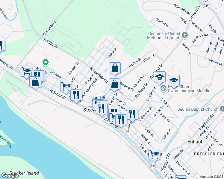 map of restaurants, bars, coffee shops, grocery stores, and more near 356 Pine Street in Steelton