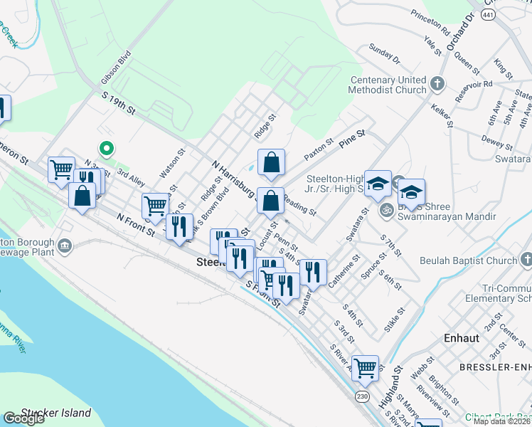 map of restaurants, bars, coffee shops, grocery stores, and more near 360 Pine Street in Steelton