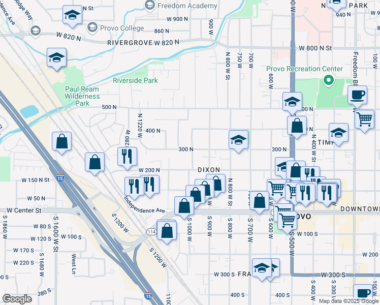 map of restaurants, bars, coffee shops, grocery stores, and more near 295 North 1000 West in Provo