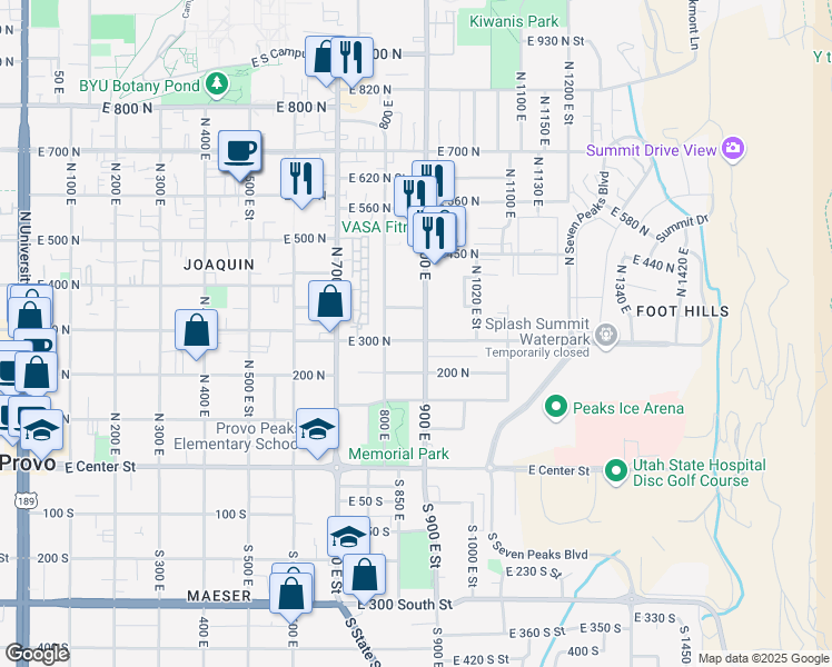 map of restaurants, bars, coffee shops, grocery stores, and more near 883 East 300 North in Provo