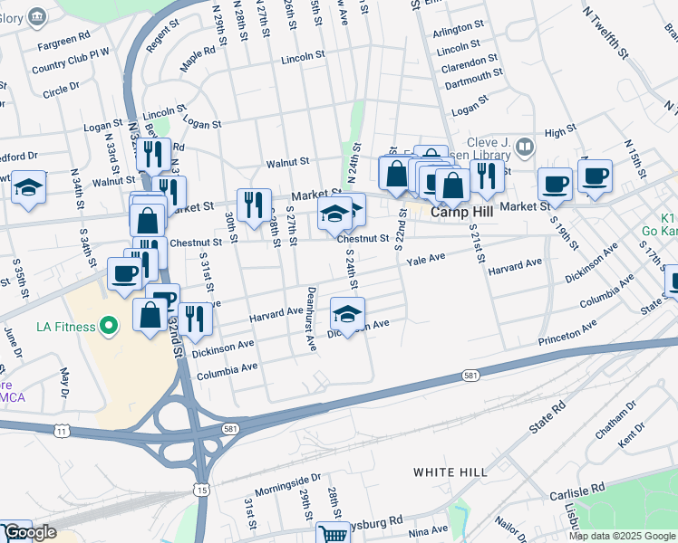 map of restaurants, bars, coffee shops, grocery stores, and more near 2420 Yale Avenue in Camp Hill