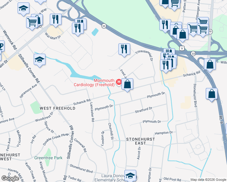 map of restaurants, bars, coffee shops, grocery stores, and more near 280 Schanck Road in Freehold