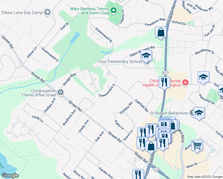map of restaurants, bars, coffee shops, grocery stores, and more near 2355 Greensward South in Warrington