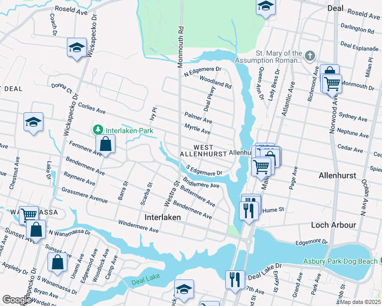 map of restaurants, bars, coffee shops, grocery stores, and more near 610 Laurel Avenue in Allenhurst