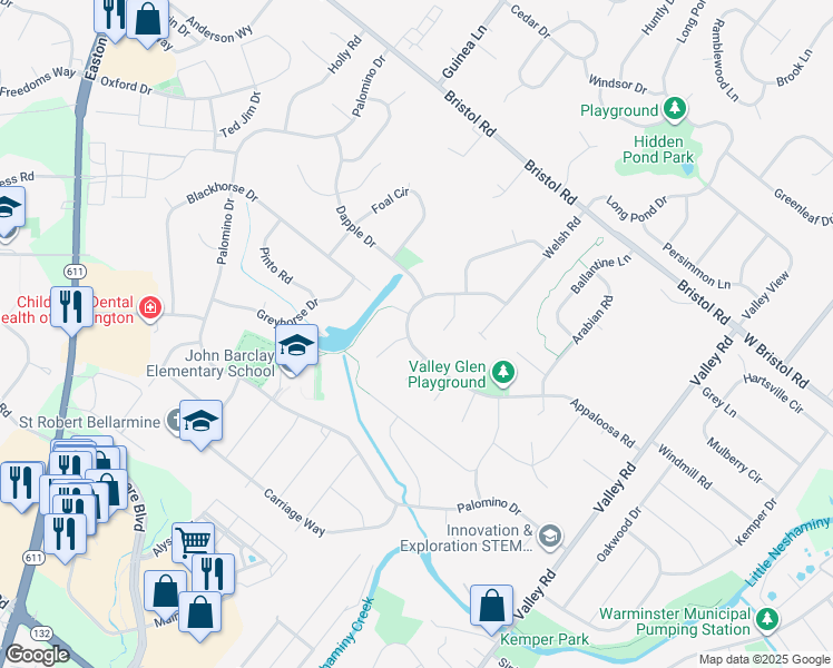 map of restaurants, bars, coffee shops, grocery stores, and more near 1915 Appaloosa Road in Warrington