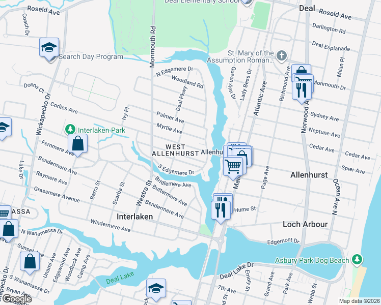 map of restaurants, bars, coffee shops, grocery stores, and more near 510 Corlies Avenue in Allenhurst