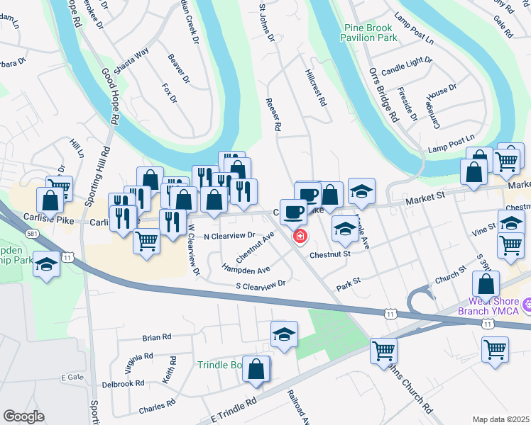 map of restaurants, bars, coffee shops, grocery stores, and more near 4415 Carlisle Pike in Camp Hill