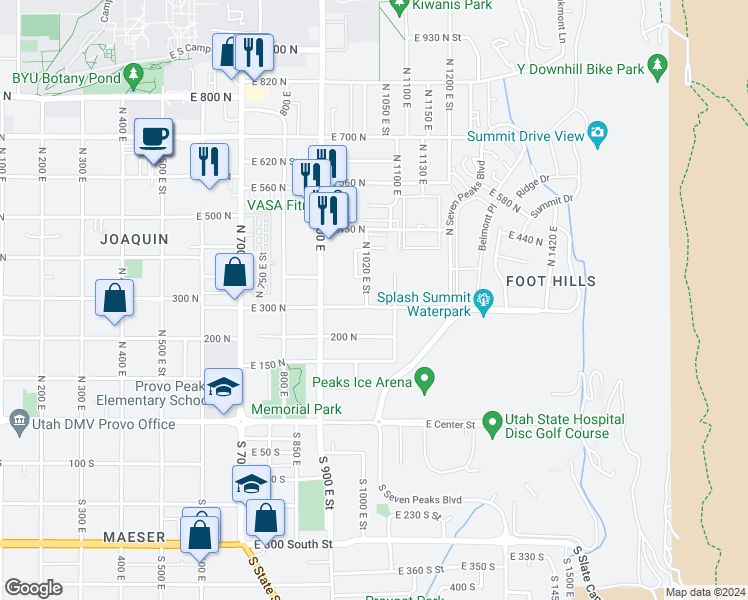 map of restaurants, bars, coffee shops, grocery stores, and more near 1035 300 North in Provo