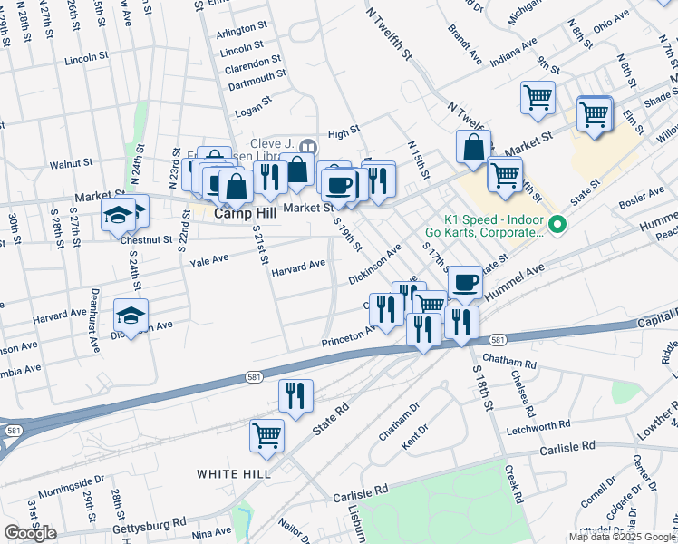 map of restaurants, bars, coffee shops, grocery stores, and more near 6 Pennsylvania Avenue in Camp Hill