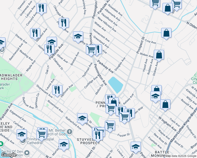 map of restaurants, bars, coffee shops, grocery stores, and more near 735 Pennington Avenue in Trenton