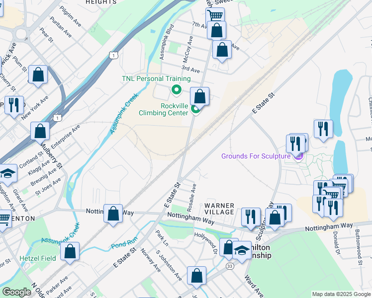 map of restaurants, bars, coffee shops, grocery stores, and more near 96 Whitehead Road in Hamilton Township