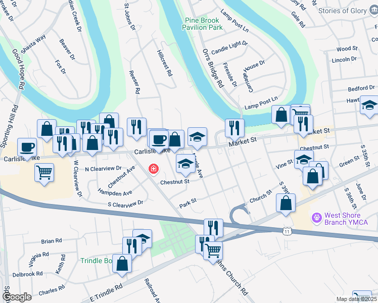 map of restaurants, bars, coffee shops, grocery stores, and more near 4301 Carlisle Pike in Camp Hill