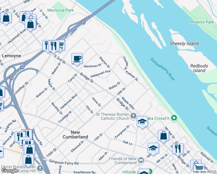 map of restaurants, bars, coffee shops, grocery stores, and more near 241 Bailey Street in New Cumberland