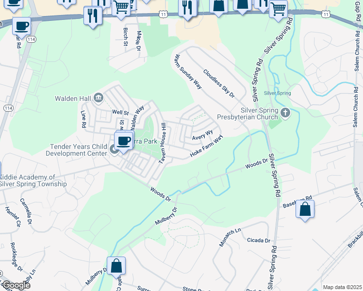 map of restaurants, bars, coffee shops, grocery stores, and more near 22 Stone Barn Road in Mechanicsburg
