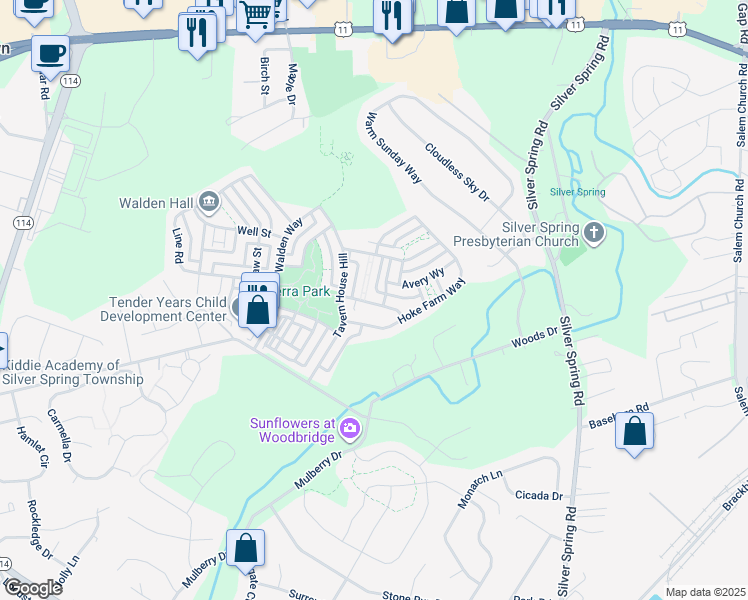 map of restaurants, bars, coffee shops, grocery stores, and more near 25 Stone Barn Road in Mechanicsburg