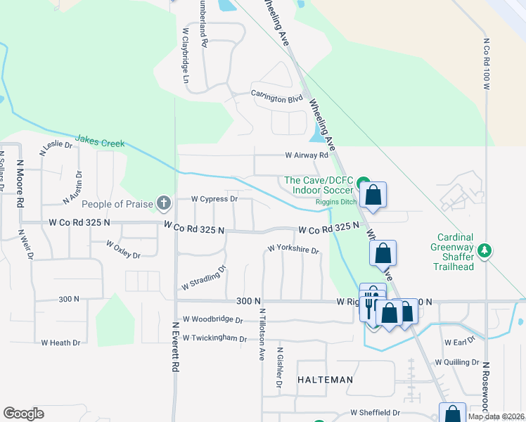 map of restaurants, bars, coffee shops, grocery stores, and more near 2711 West Cypress Drive in Muncie