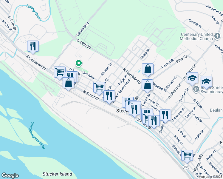 map of restaurants, bars, coffee shops, grocery stores, and more near 132 Lincoln Street in Steelton