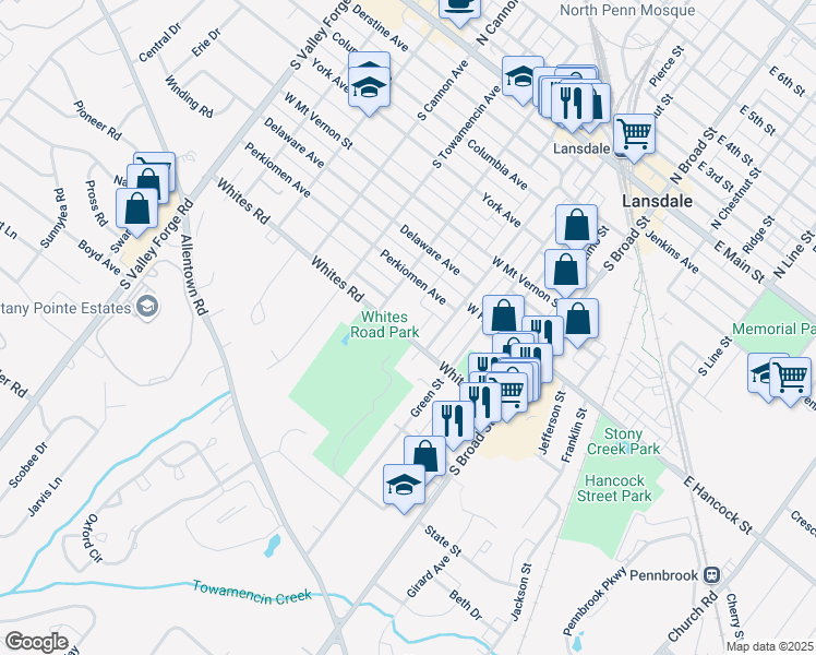 map of restaurants, bars, coffee shops, grocery stores, and more near 319 Whites Road in Lansdale