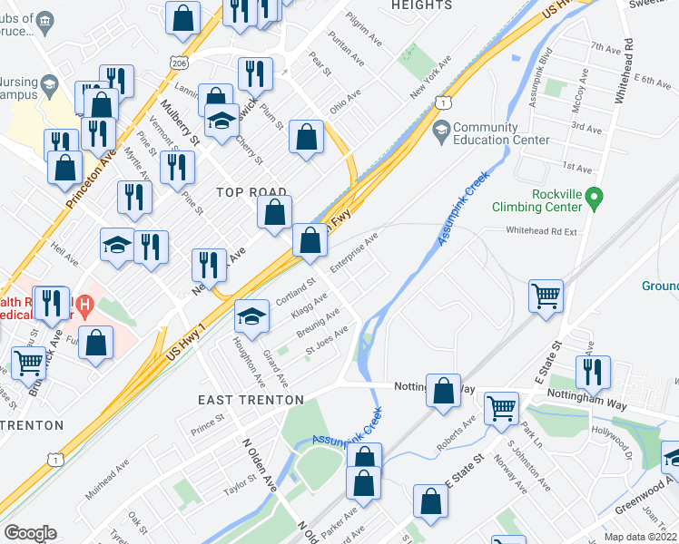 map of restaurants, bars, coffee shops, grocery stores, and more near 8 Enterprise Avenue in Trenton