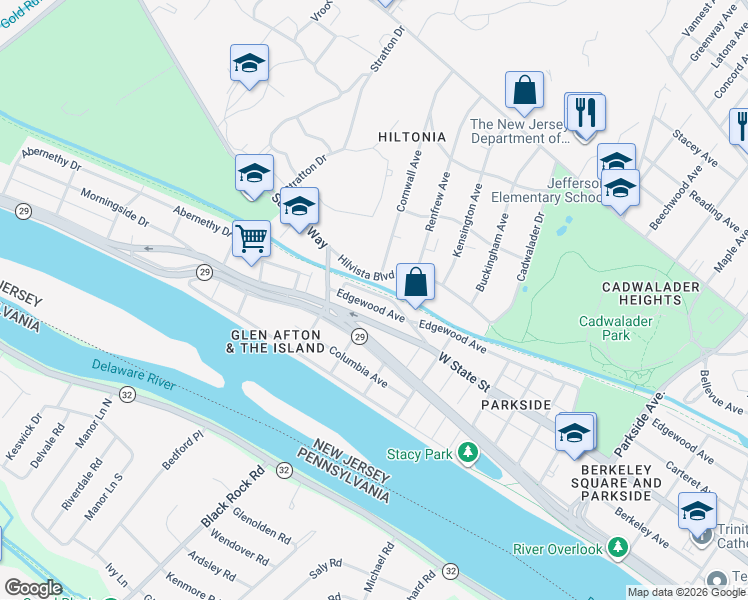 map of restaurants, bars, coffee shops, grocery stores, and more near 17 Bruce Park Drive in Trenton
