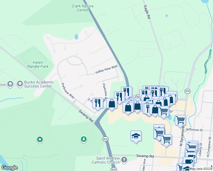 map of restaurants, bars, coffee shops, grocery stores, and more near 11 Parkview Way in Newtown