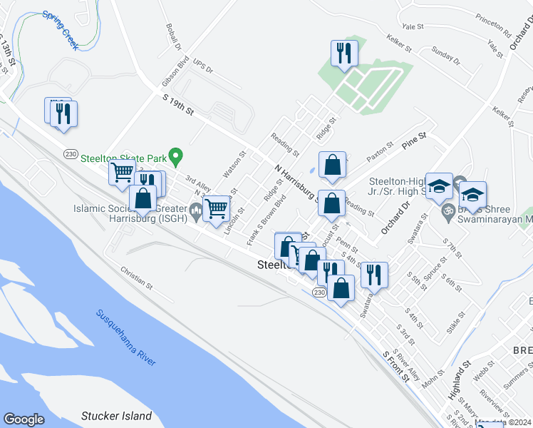 map of restaurants, bars, coffee shops, grocery stores, and more near 145 Adams Street in Steelton