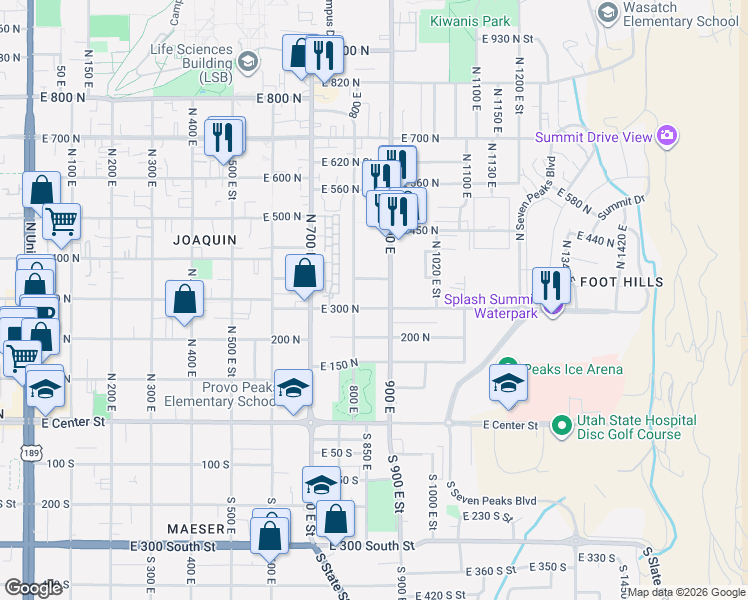 map of restaurants, bars, coffee shops, grocery stores, and more near 895 300 North in Provo