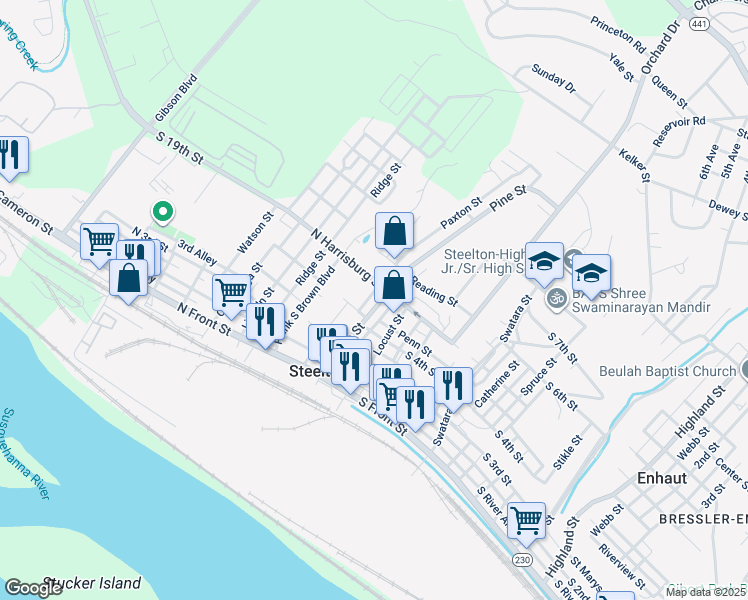 map of restaurants, bars, coffee shops, grocery stores, and more near 327 Pine Street in Steelton