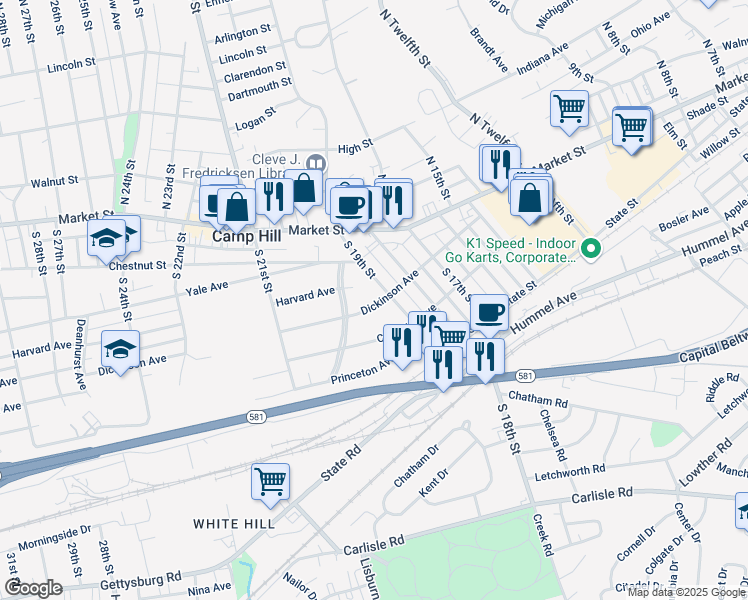 map of restaurants, bars, coffee shops, grocery stores, and more near 1901 Dickinson Avenue in Camp Hill