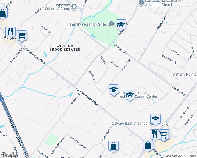 map of restaurants, bars, coffee shops, grocery stores, and more near 1360 Mark Drive in Lansdale