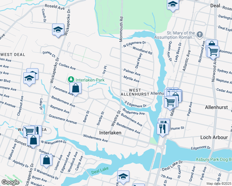 map of restaurants, bars, coffee shops, grocery stores, and more near 707 South Edgemere Drive in Allenhurst