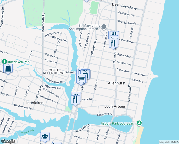 map of restaurants, bars, coffee shops, grocery stores, and more near 316 Spier Avenue in Allenhurst