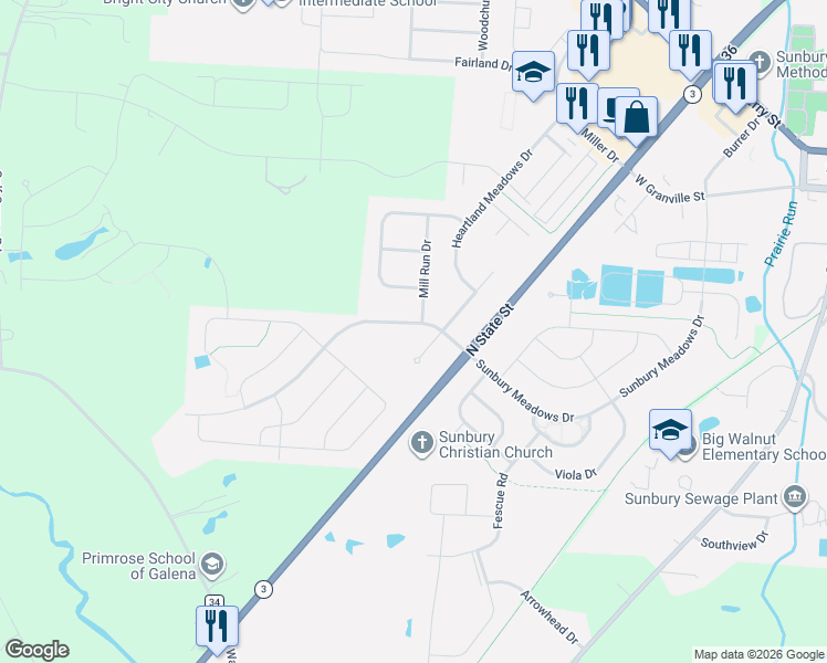 map of restaurants, bars, coffee shops, grocery stores, and more near 403 Sunbury Meadows Drive in Sunbury