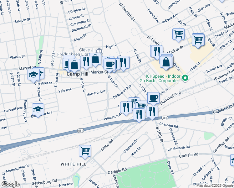map of restaurants, bars, coffee shops, grocery stores, and more near 10 Dickinson Avenue in Camp Hill