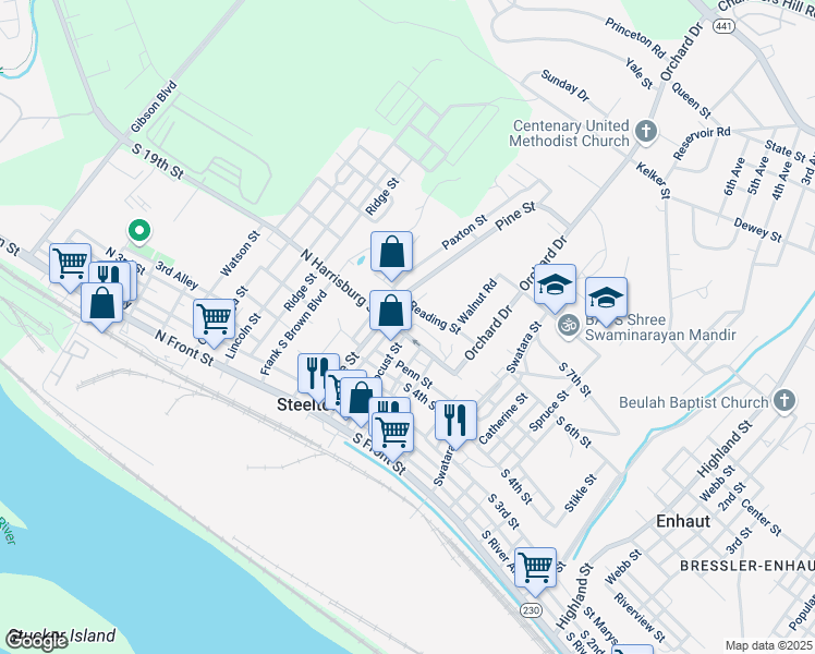 map of restaurants, bars, coffee shops, grocery stores, and more near 1 North Harrisburg Street in Steelton