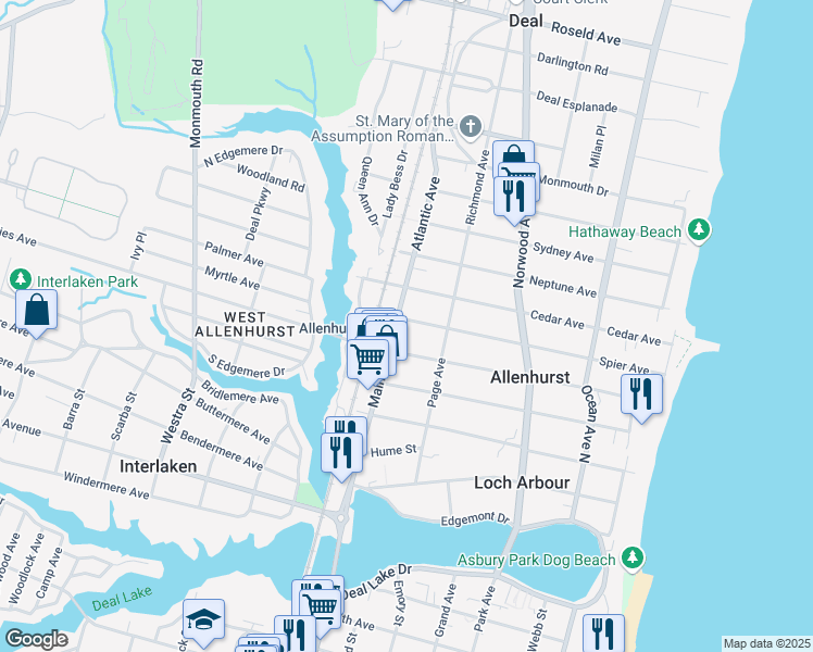map of restaurants, bars, coffee shops, grocery stores, and more near 316 Spier Avenue in Allenhurst