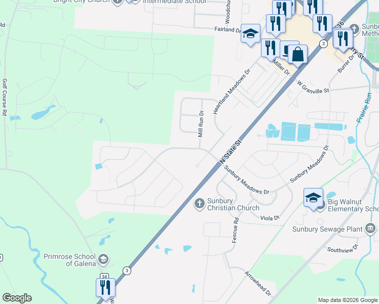 map of restaurants, bars, coffee shops, grocery stores, and more near 403 Sunbury Meadows Drive in Sunbury
