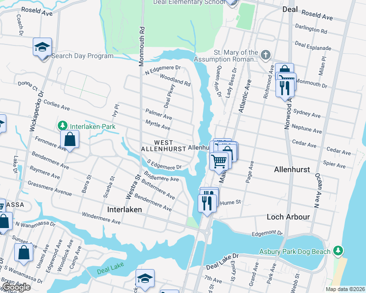 map of restaurants, bars, coffee shops, grocery stores, and more near 510 Corlies Avenue in Allenhurst