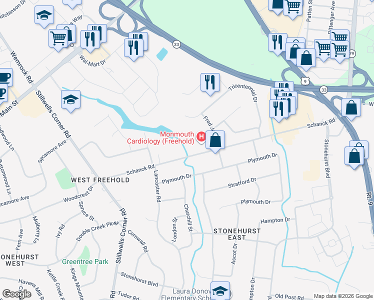 map of restaurants, bars, coffee shops, grocery stores, and more near 280 Schanck Road in Freehold