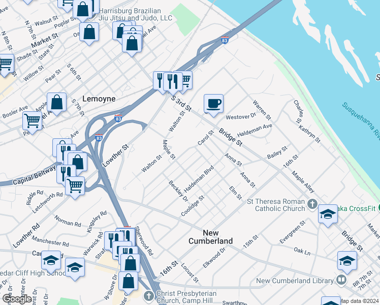 map of restaurants, bars, coffee shops, grocery stores, and more near 514 Carol Street in New Cumberland