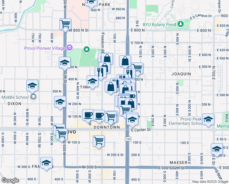map of restaurants, bars, coffee shops, grocery stores, and more near 72 West 300 North Street in Provo
