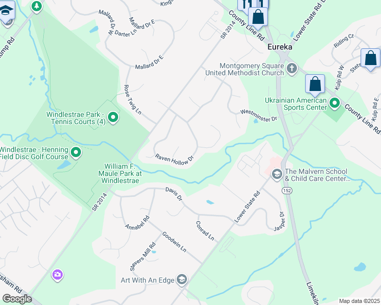 map of restaurants, bars, coffee shops, grocery stores, and more near 116 Raven Hollow Drive in North Wales