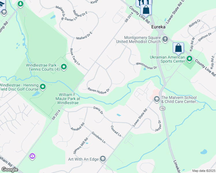 map of restaurants, bars, coffee shops, grocery stores, and more near 116 Raven Hollow Drive in North Wales