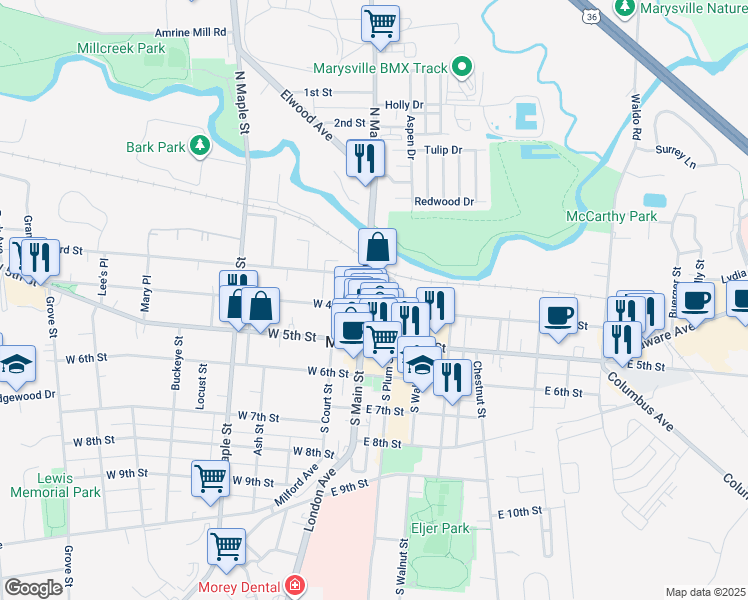 map of restaurants, bars, coffee shops, grocery stores, and more near 131 North Main Street in Marysville