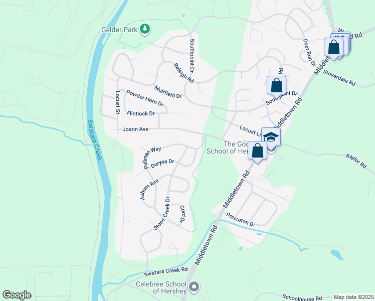 map of restaurants, bars, coffee shops, grocery stores, and more near 1105 Stone Creek Drive in Hummelstown
