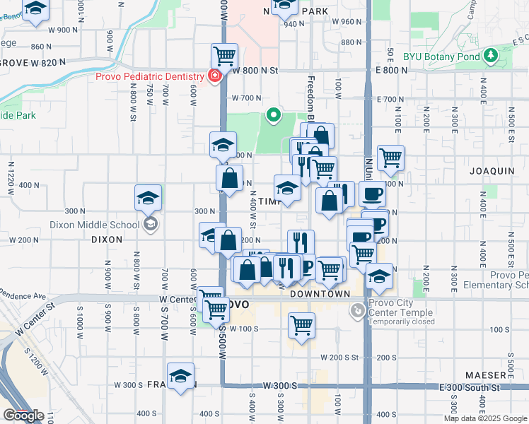 map of restaurants, bars, coffee shops, grocery stores, and more near 362 West 300 North in Provo