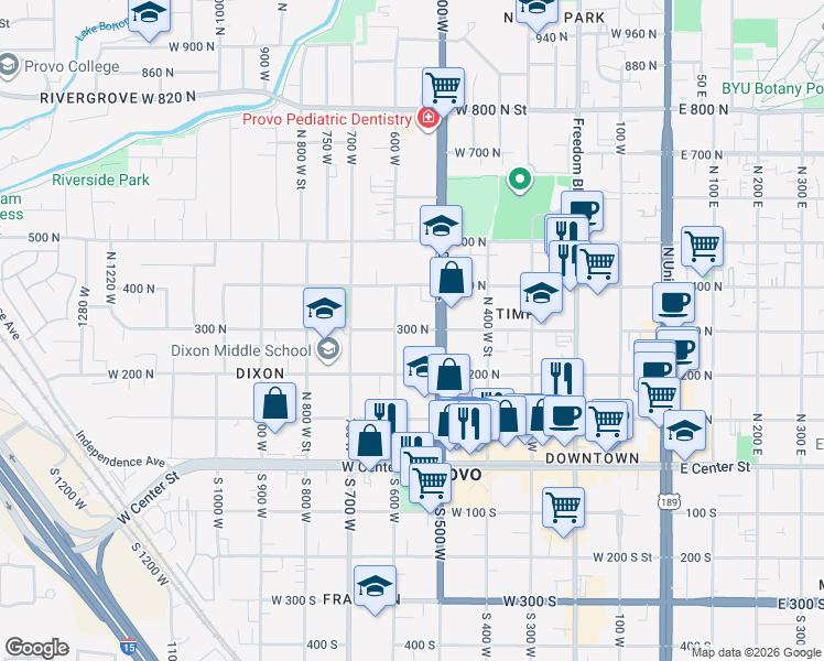 map of restaurants, bars, coffee shops, grocery stores, and more near 564 West 300 North Street in Provo