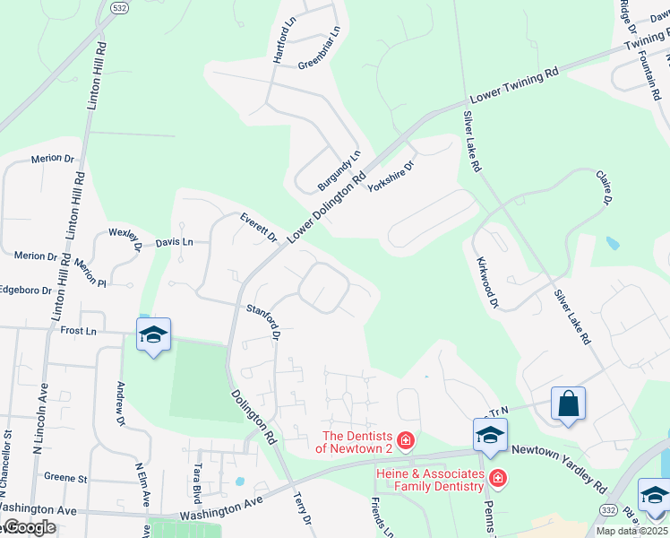 map of restaurants, bars, coffee shops, grocery stores, and more near 16 Meridian Circle in Newtown